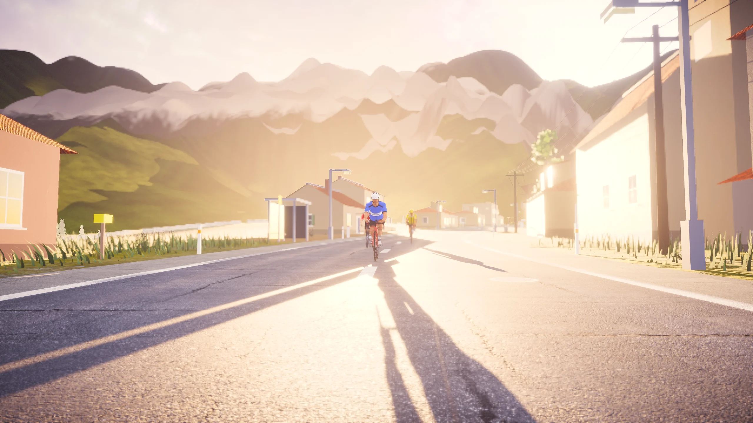 Low, wide view of the road with the long shadow of a cyclist